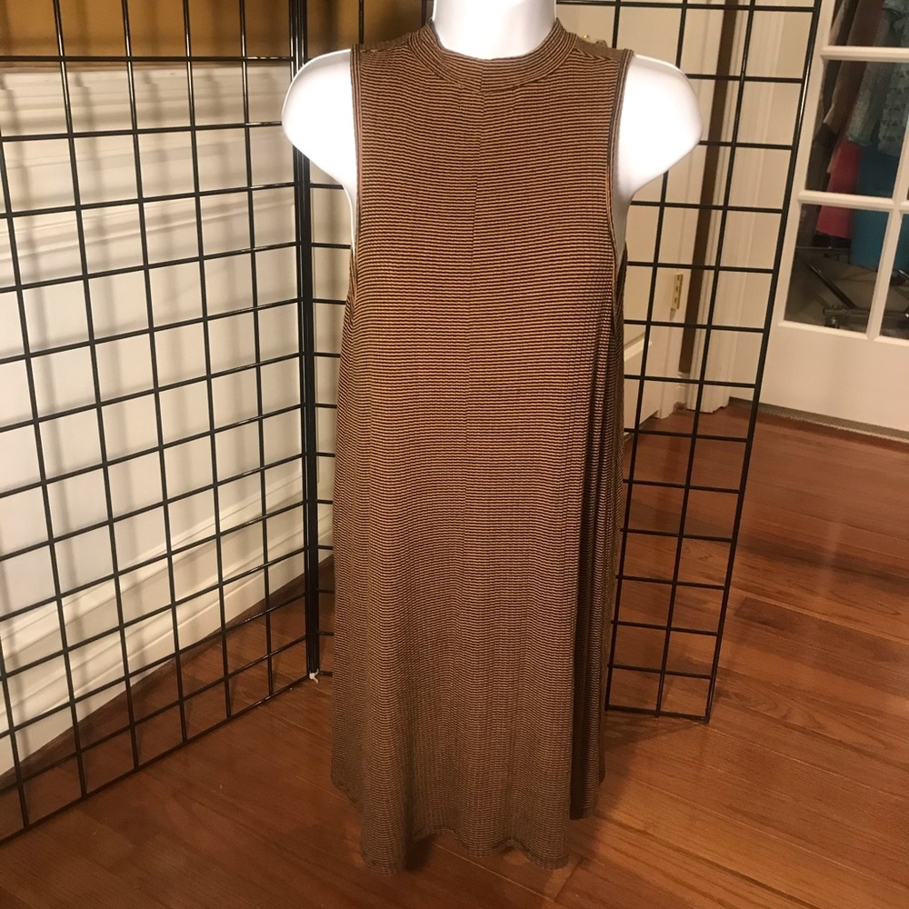 Tan Striped Sleeveless High Neck Dress
